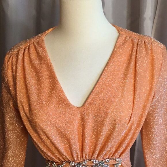 Beautiful VINTAGE gown in light tangerine with silver threads throughout - Picture 6 of 14